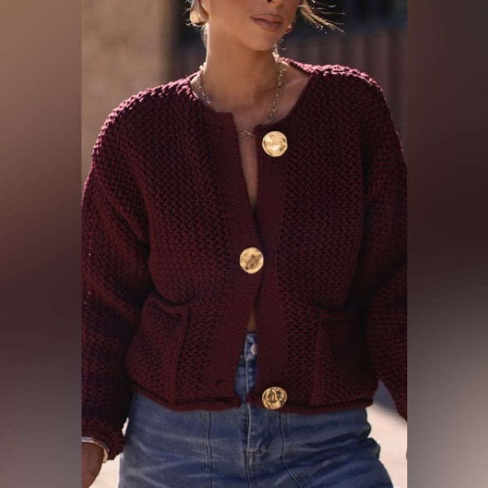 Zara chunky knit cardigan in burgundy - Picture 11 of 16